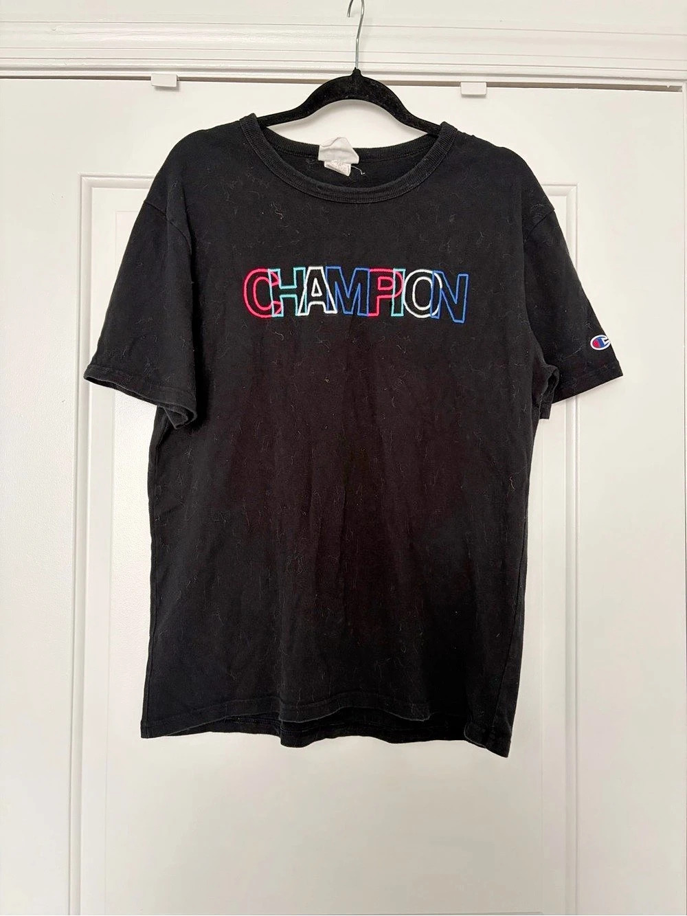 Champion Black Multicolor Embroidered Logo T-Shirt Size Medium